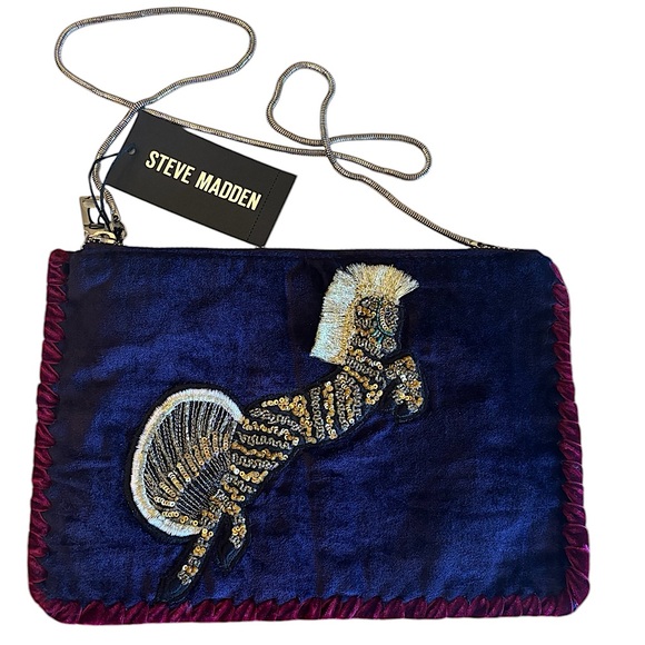 Steve Madden Pegasus Horse Beaded Clutch Crossbody Purse Velvet Navy Blue NWT